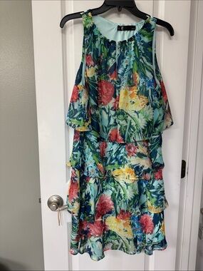 Leslie Fay Aqua Floral Tiered Midi Dress with Coral & Yellow Blooms